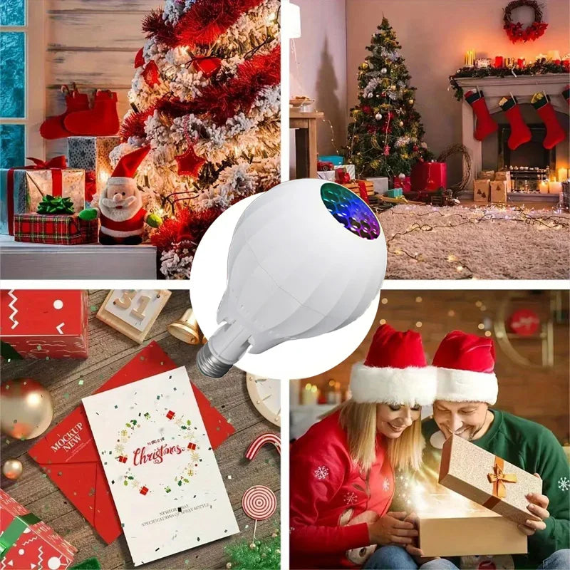 Collage of Christmas-themed items including a decorated tree, gift cards, and people with Santa hats.