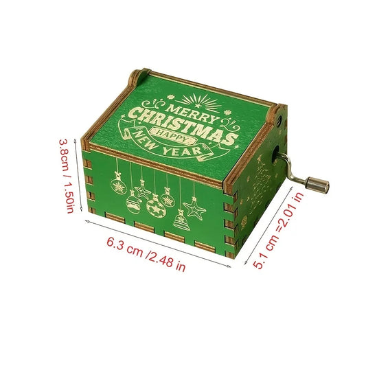 Green Christmas-themed music box with dimensions on a white background