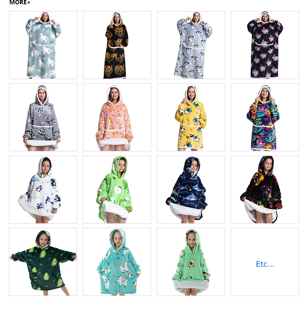 Super Warm Flannel Blanket Hoodie for Men Women Kids - Many Designs