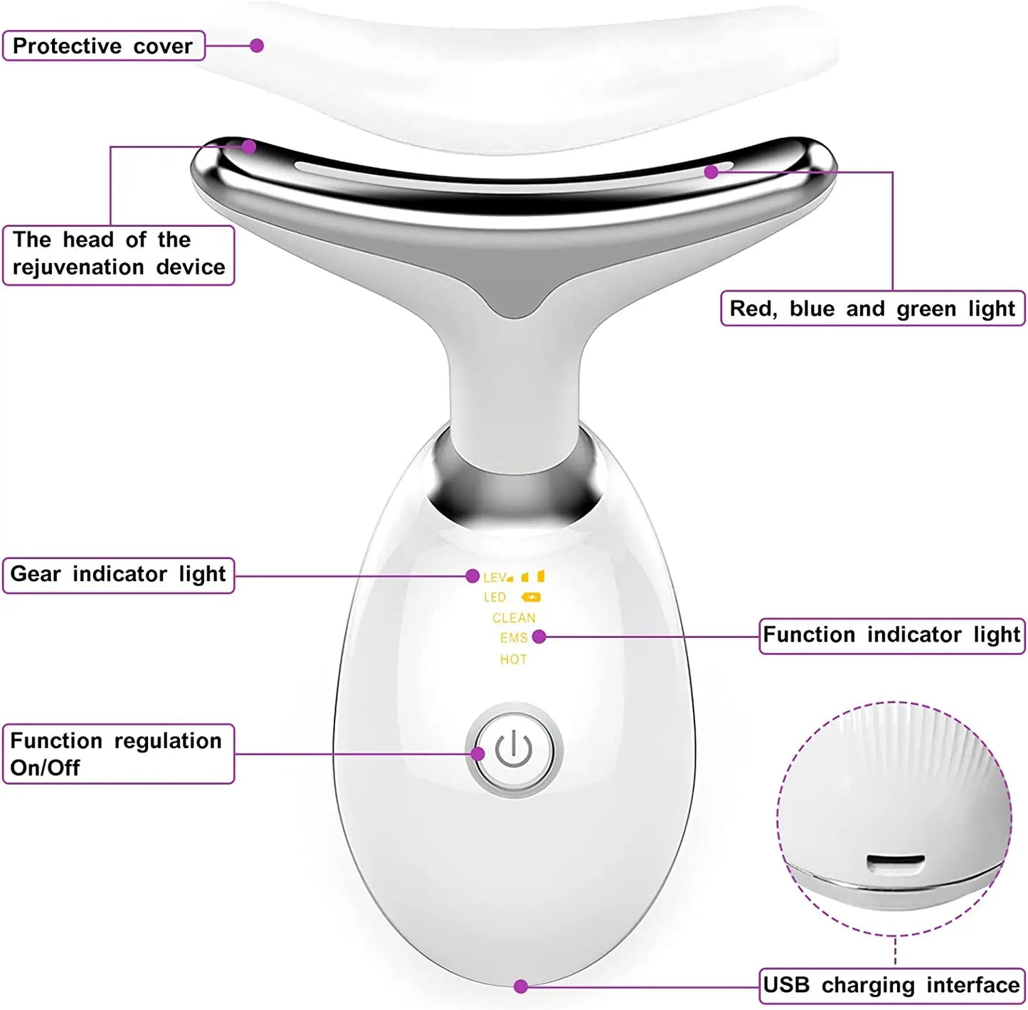 LED Neck & Face Massager 3 Light Modes Skin Tightening & Lifting Device - MJ-4U