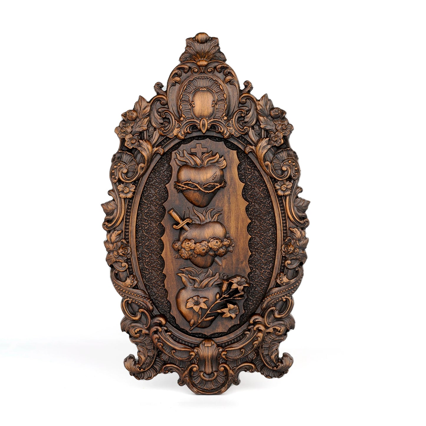 Holy Family Three Sacred Hearts – Hand-Carved Wooden Wall Art