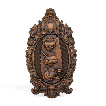 Holy Family Three Sacred Hearts – Hand-Carved Wooden Wall Art