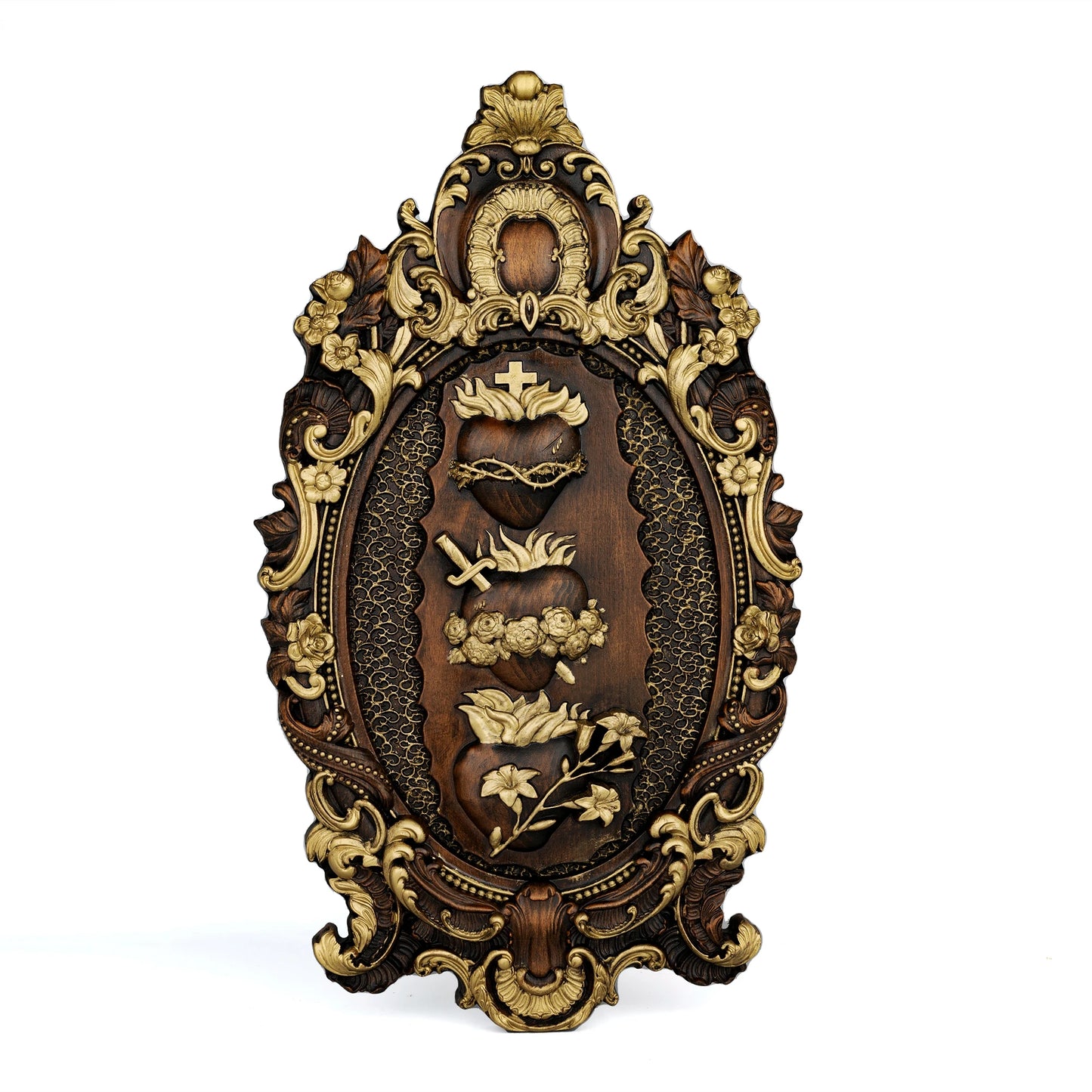 Holy Family Three Sacred Hearts – Hand-Carved Wooden Wall Art