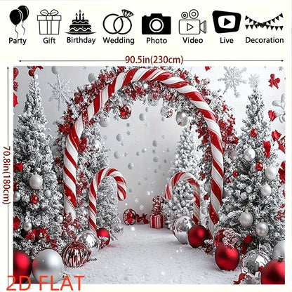 Decorative backdrop with candy cane arch, Christmas trees, and ornaments on a white background.