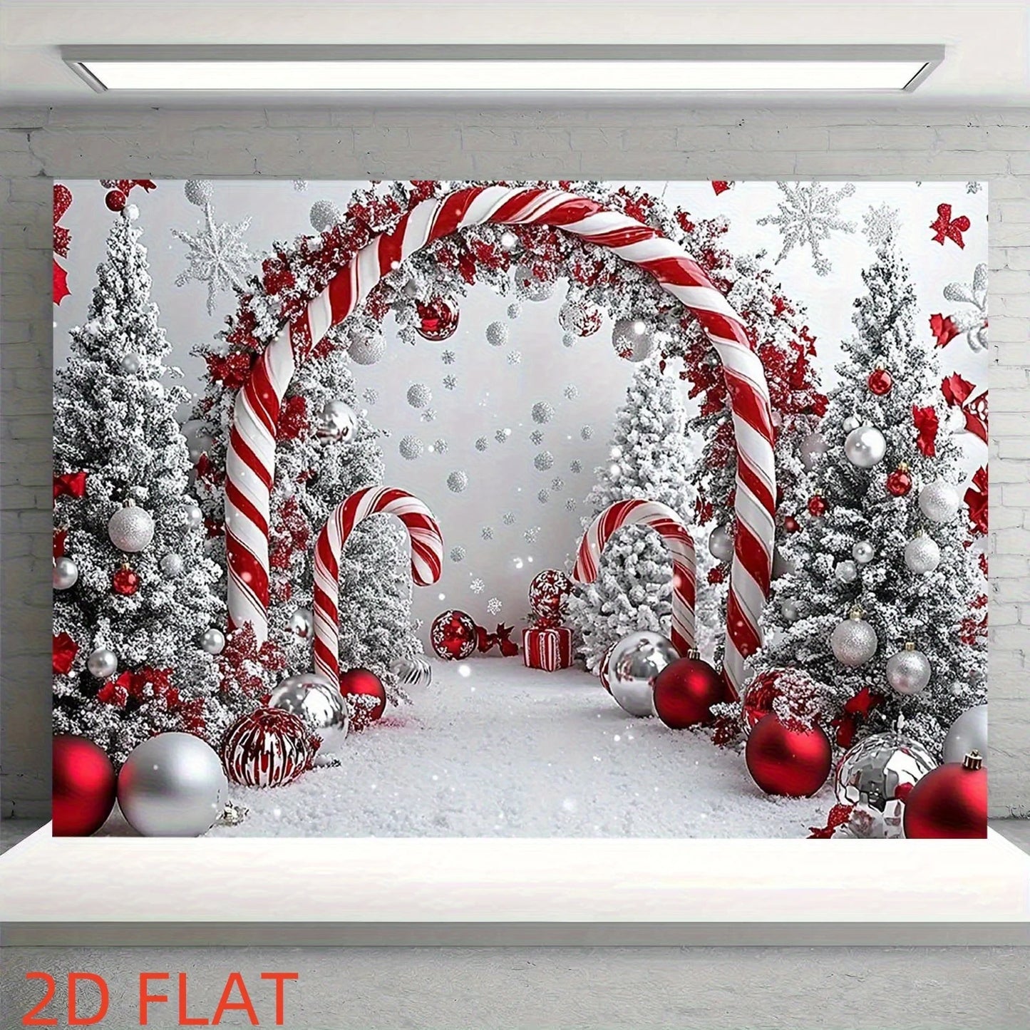 Decorative Christmas scene with candy canes, trees, and ornaments on a white brick wall.