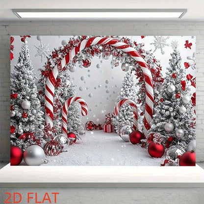 Decorative Christmas scene with candy canes, trees, and ornaments on a white brick wall.