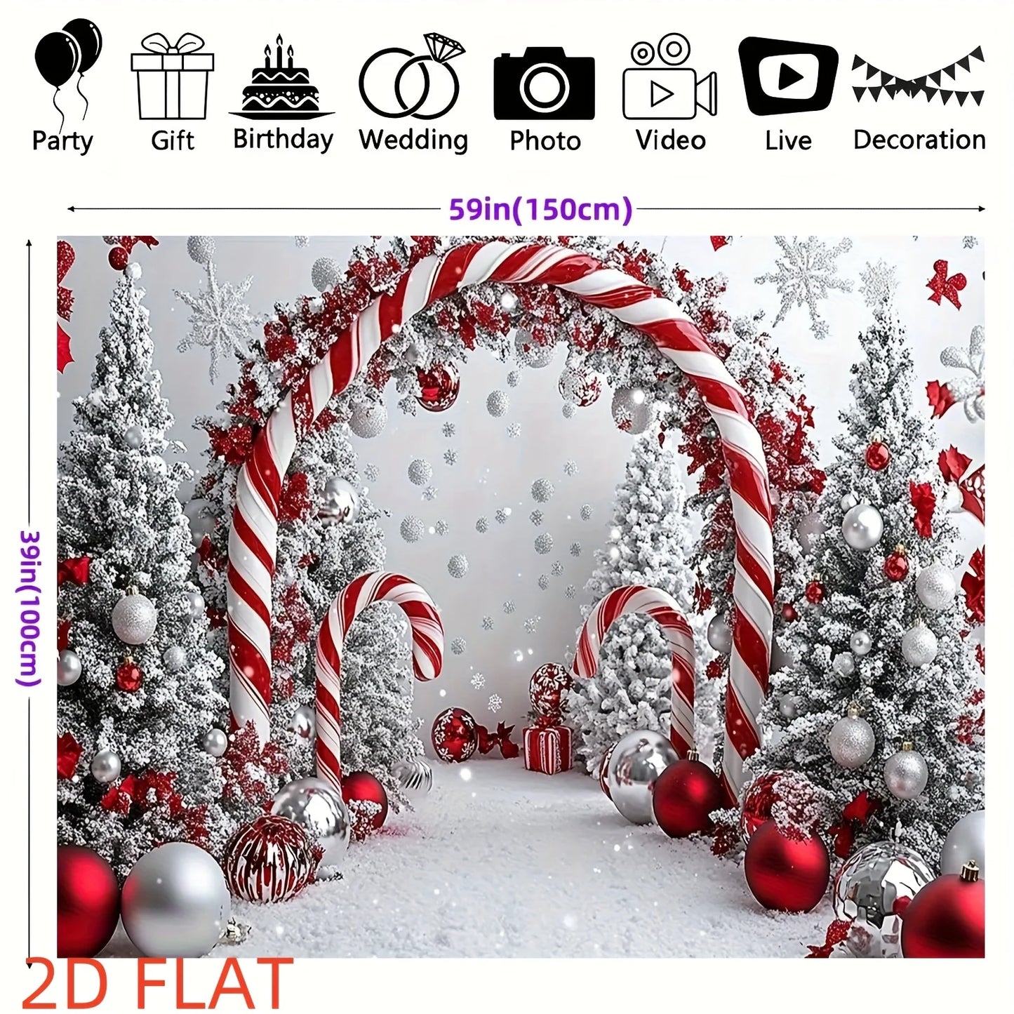 Decorative Christmas backdrop with candy cane arch, trees, and ornaments.