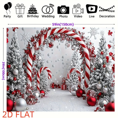 Decorative Christmas backdrop with candy cane arch, trees, and ornaments.