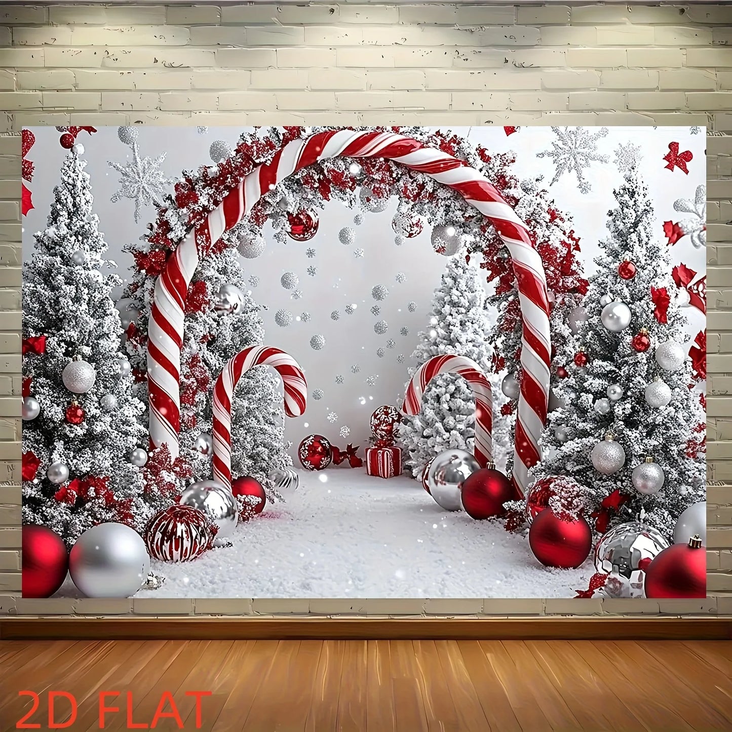 Decorative Christmas scene with candy canes, trees, and ornaments on a wooden floor.