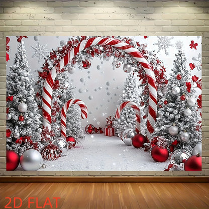 Decorative Christmas scene with candy canes, trees, and ornaments on a wooden floor.