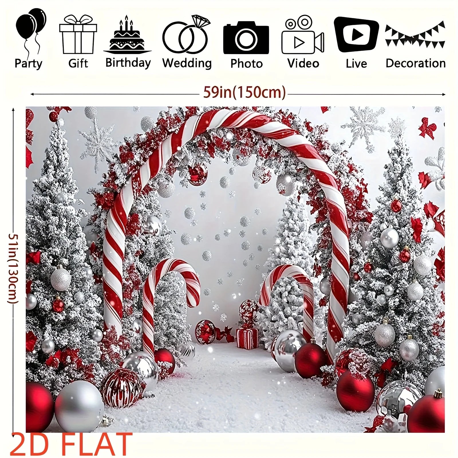 Decorative Christmas scene with candy cane arch, trees, and ornaments on a white background.
