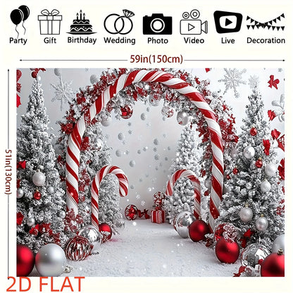Decorative Christmas scene with candy cane arch, trees, and ornaments on a white background.