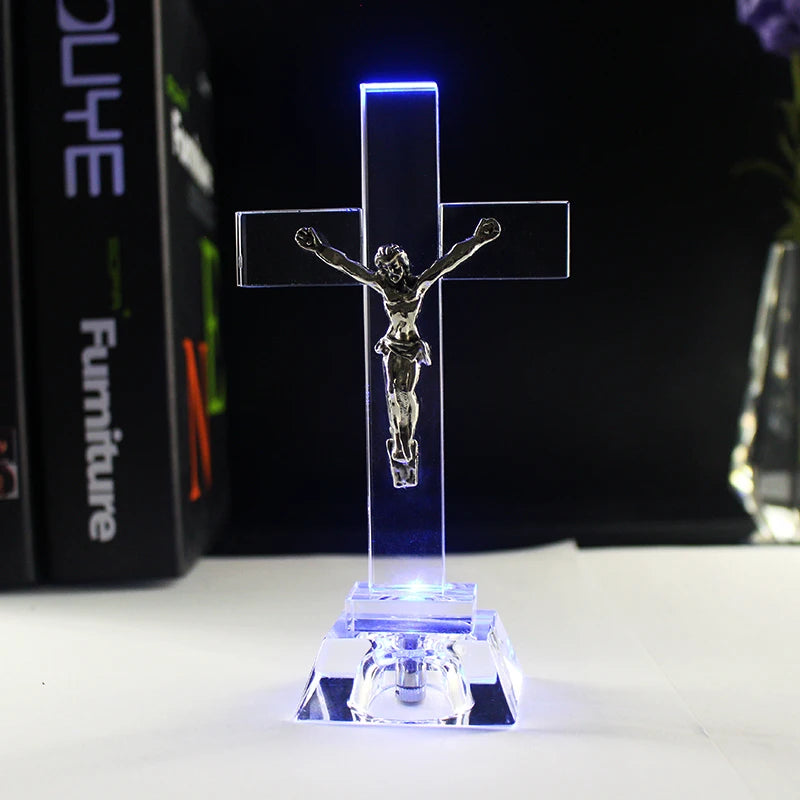 Crystal cross with LED lighting on a dark background