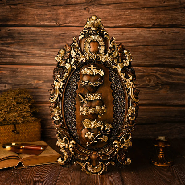 Hand-carved wooden wall art of Holy Family Three Sacred Hearts