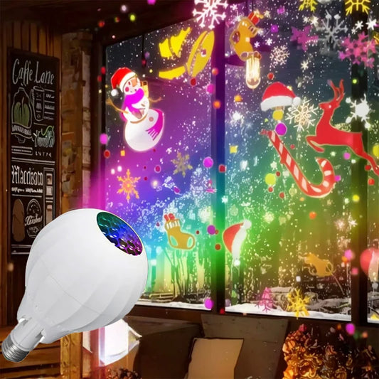 Colorful Christmas-themed light bulb projection on a screen with a snowman, reindeer, and candy cane design.