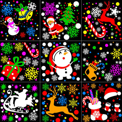 Grid of Christmas-themed illustrations including Santa Claus, snowman, reindeer, and presents on a black background.