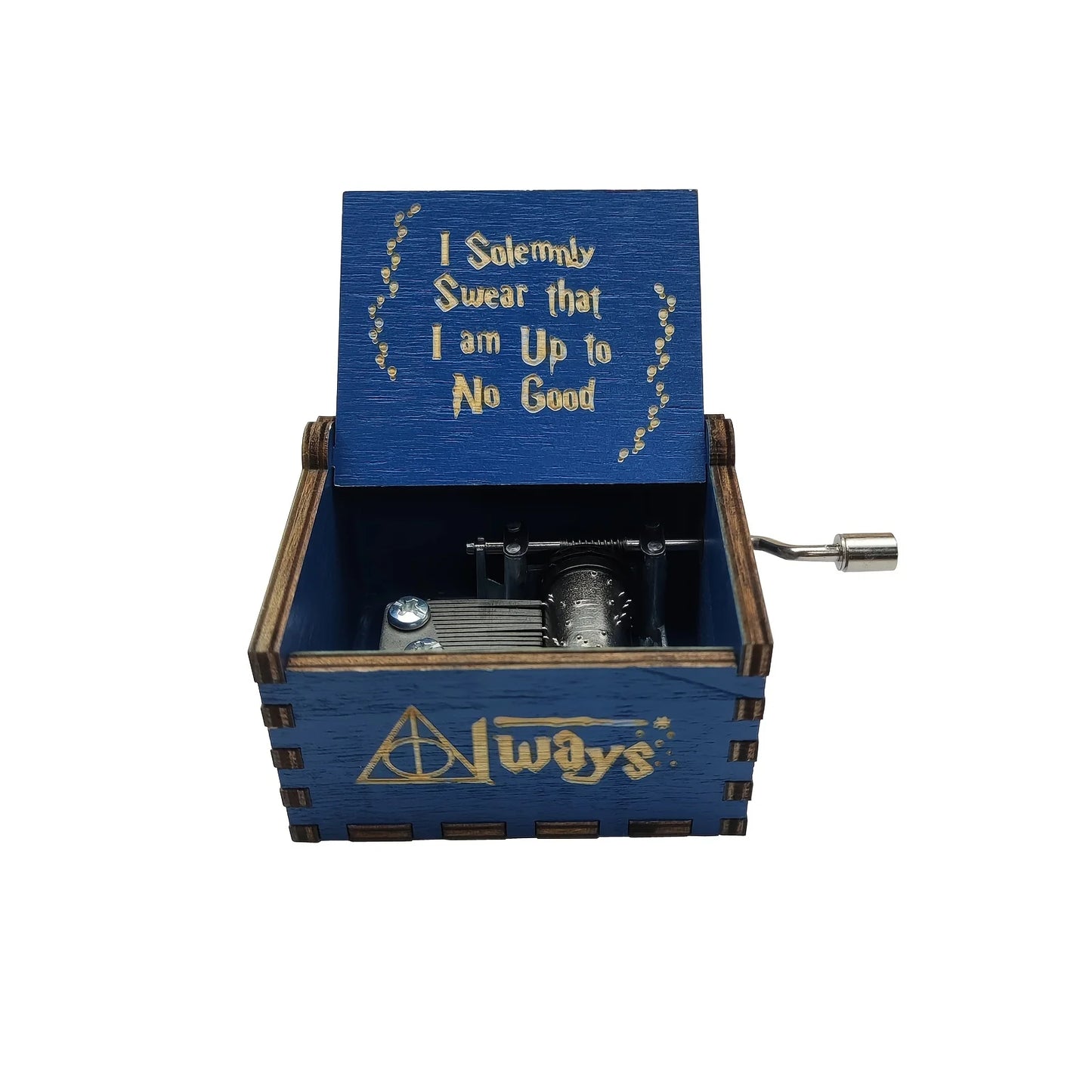 Open wooden Christmas music box with festive Merry Christmas artwork and visible hand-crank mechanism blue