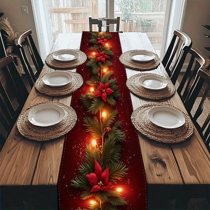 Dining table set with a Christmas-themed runner, lights, and decorations.