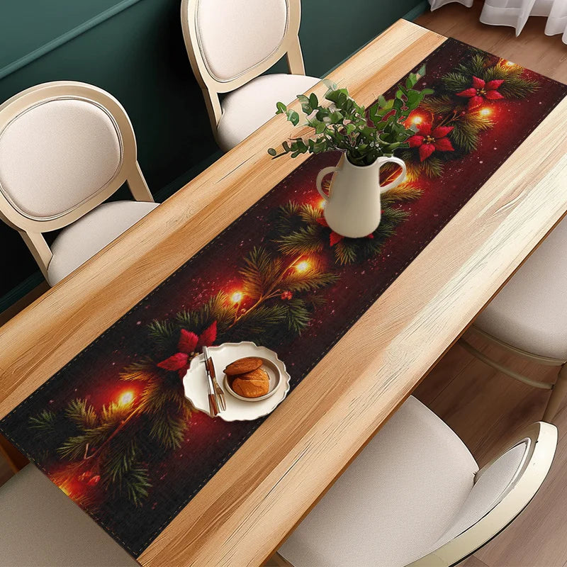 Dining table with a decorative table runner featuring Christmas lights and greenery.