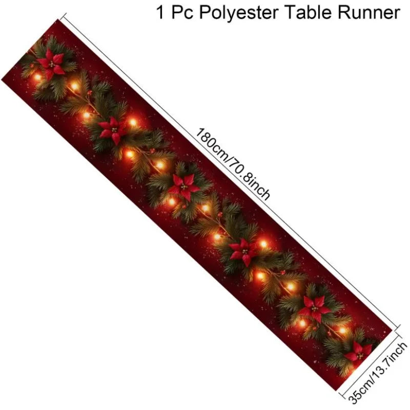 Christmas-themed table runner with lights and measurements on a white background