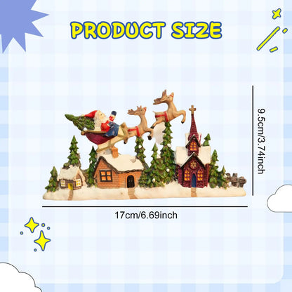 Christmas-themed miniature scene with Santa Claus and reindeer, labeled with product dimensions.