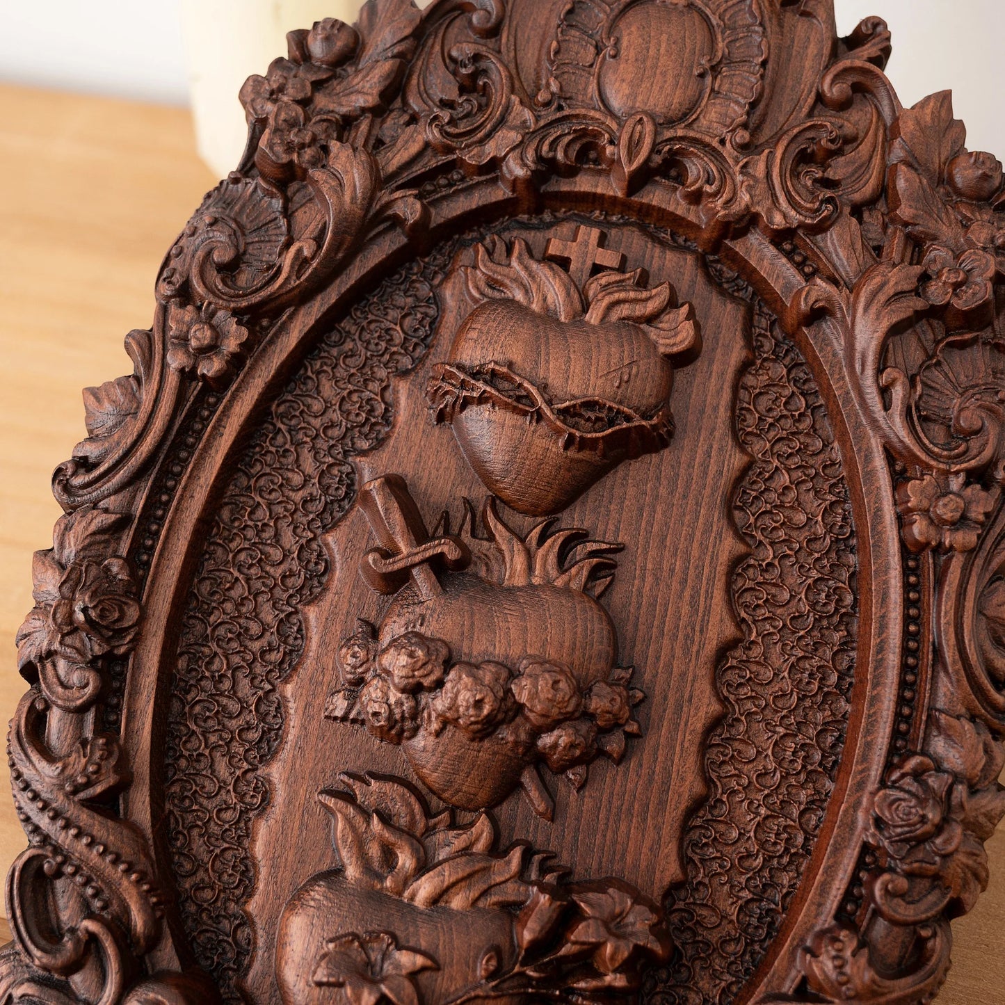 Holy Family Three Sacred Hearts – Hand-Carved Wooden Wall Art