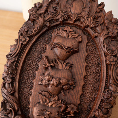 Holy Family Three Sacred Hearts – Hand-Carved Wooden Wall Art