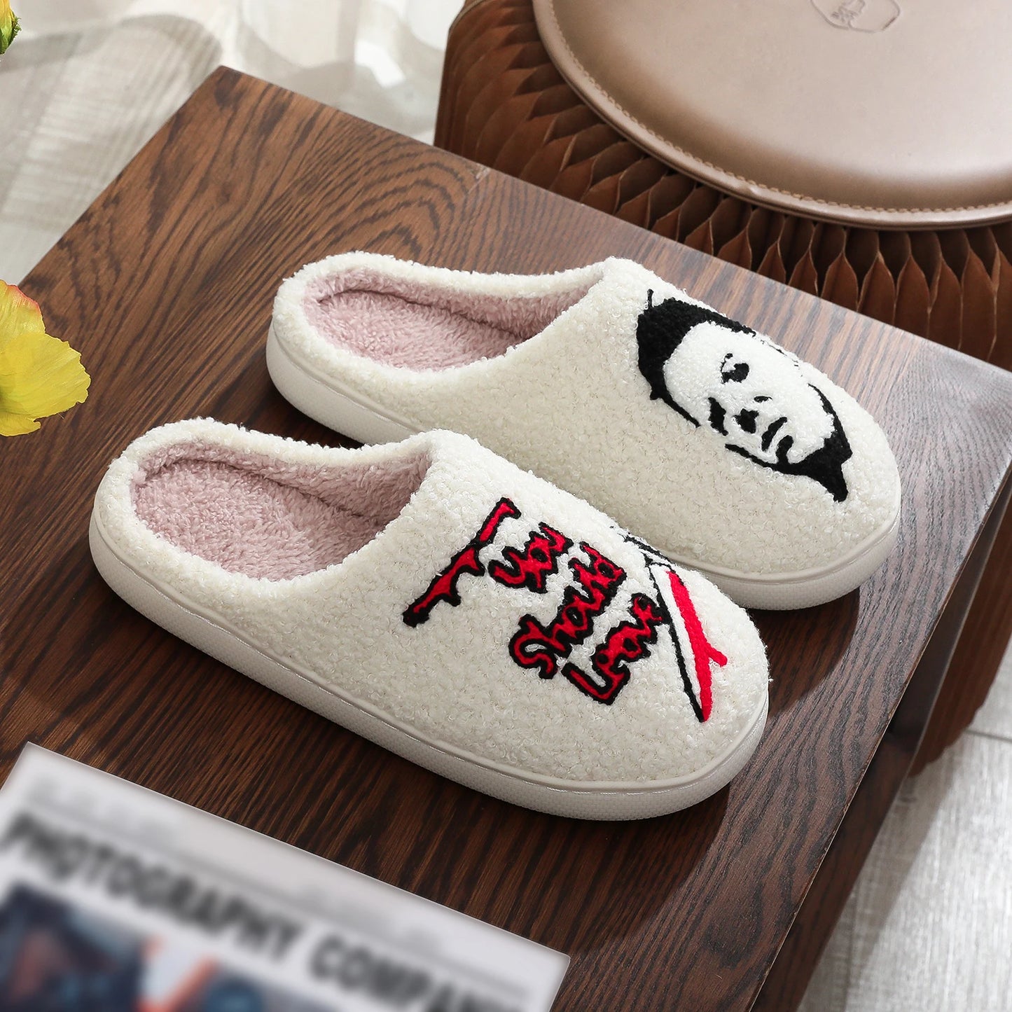 Halloween Slippers - Horror Thriller Movie Michael Myers Embroidery stuffed Furry Cotton  Cute Warm Non-slip