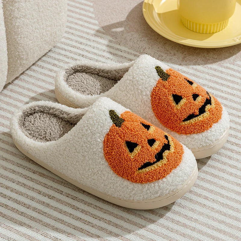 Smiling Pumpkin Halloween Women's Slippers Winter Indoor Cartoon Comfort Soft Causal Flat Plush