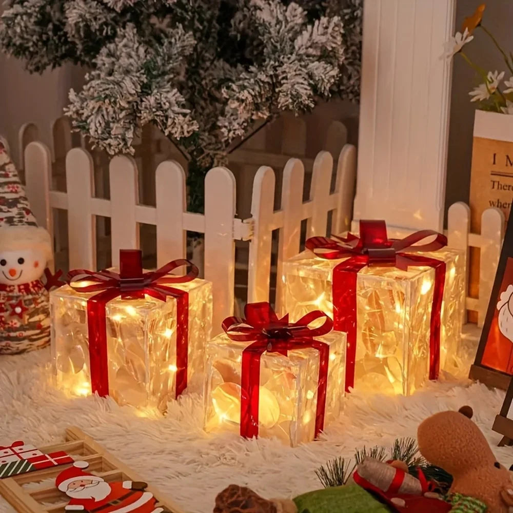 3-Piece Light-Up Gift Box Set – Warm White LED Christmas Decorations for Tree Skirts, Hallways & Festive Displays