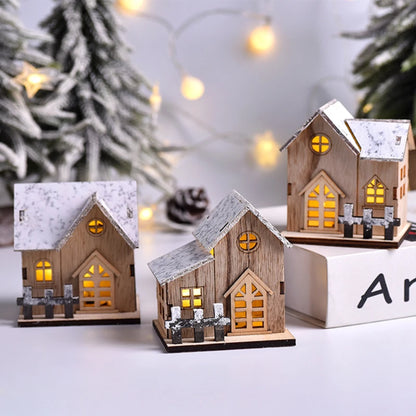Snowy Wooden LED Christmas House – Warm Glowing Mini Holiday Decoration