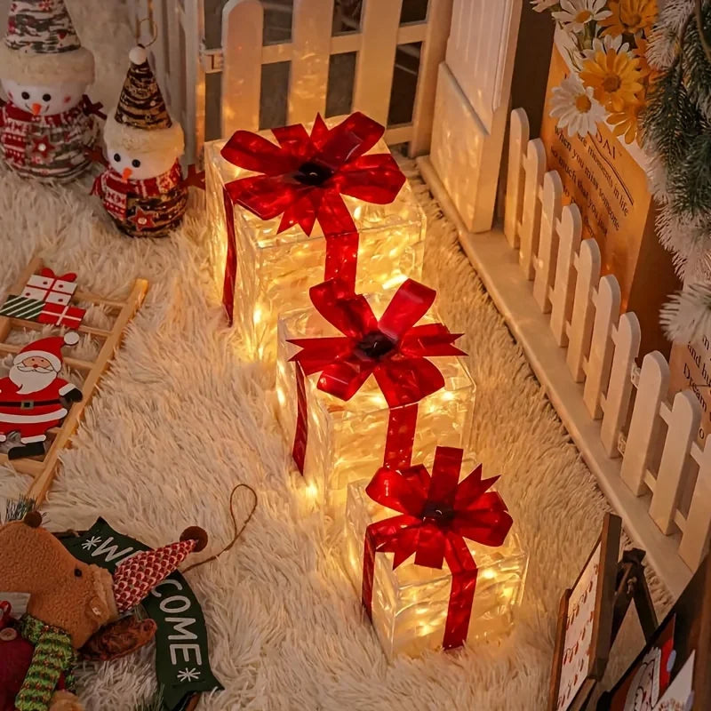 3-Piece Light-Up Gift Box Set – Warm White LED Christmas Decorations for Tree Skirts, Hallways & Festive Displays