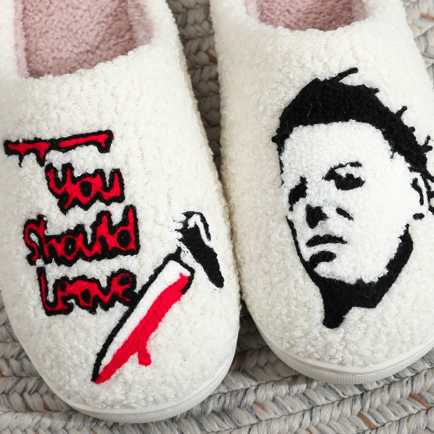 Halloween Slippers - Horror Thriller Movie Michael Myers Embroidery stuffed Furry Cotton  Cute Warm Non-slip