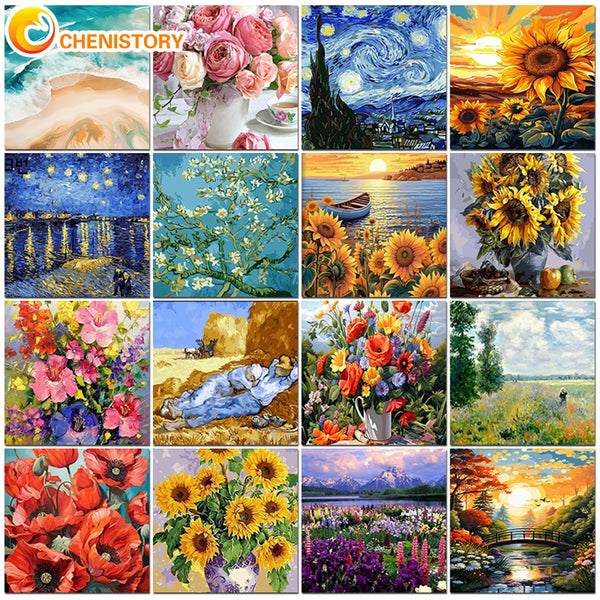 Acrylic Paint Flower Coloring By Number- CHENISTORY Van Gogh Painting By Number Oil Picture On Canvas DIY Kits Home Decor Gift - MJ-4U