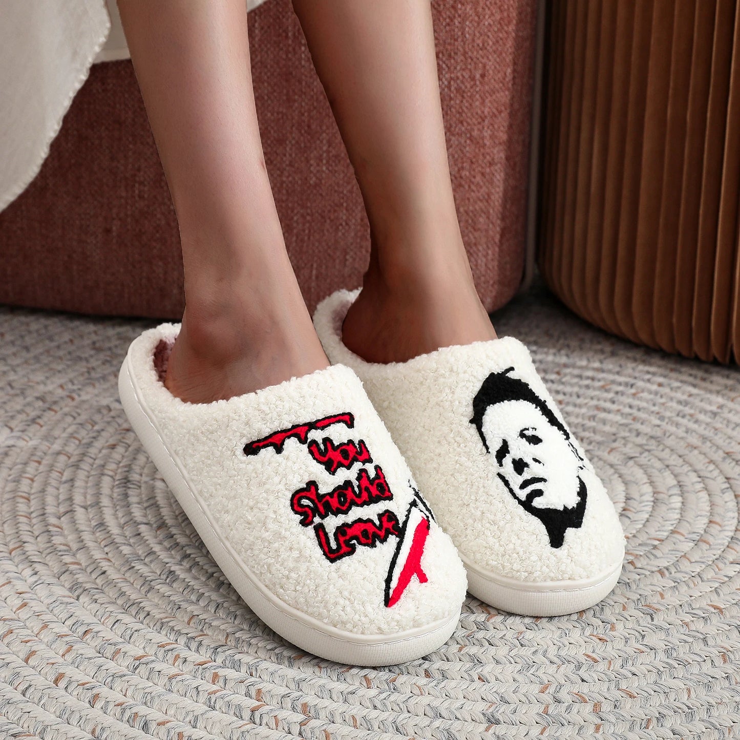 Halloween Slippers - Horror Thriller Movie Michael Myers Embroidery stuffed Furry Cotton  Cute Warm Non-slip