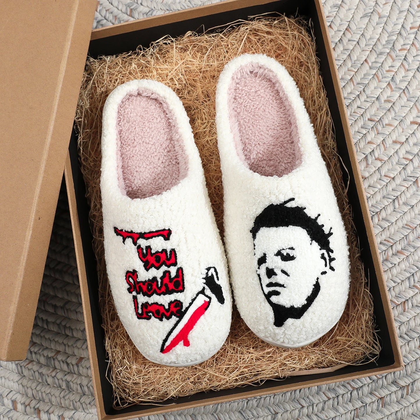 Halloween Slippers - Horror Thriller Movie Michael Myers Embroidery stuffed Furry Cotton  Cute Warm Non-slip