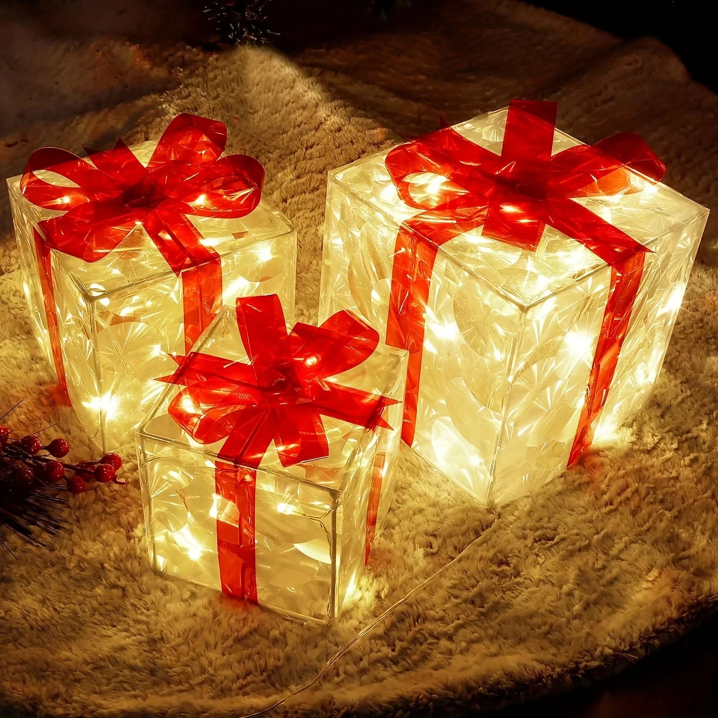 3-Piece Light-Up Gift Box Set – Warm White LED Christmas Decorations for Tree Skirts, Hallways & Festive Displays