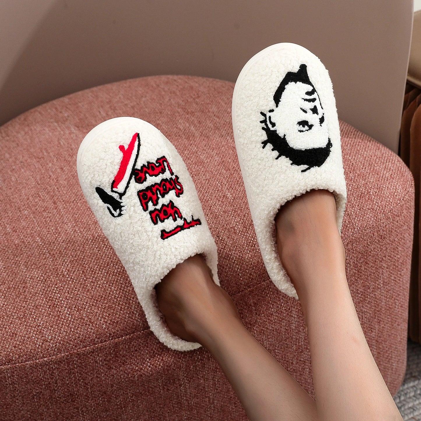 Halloween Slippers - Horror Thriller Movie Michael Myers Embroidery stuffed Furry Cotton  Cute Warm Non-slip