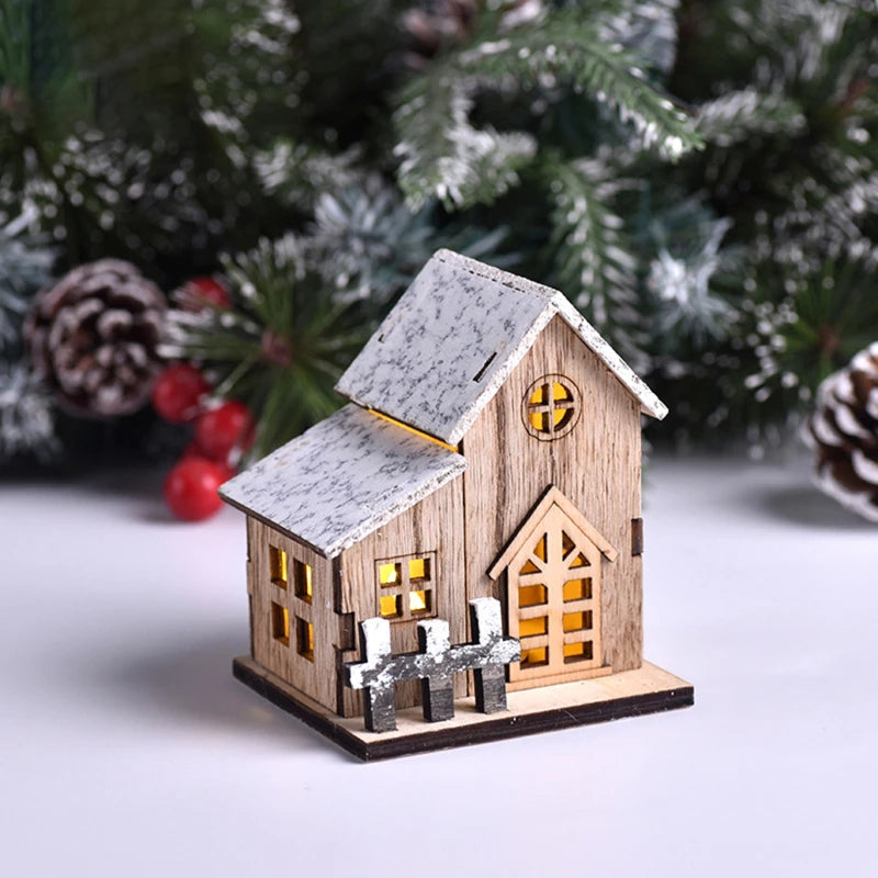 Snowy Wooden LED Christmas House – Warm Glowing Mini Holiday Decoration