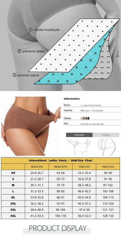 3-Layer Women's Period Panties - Leakproof Menstrual Underwear Size XS - XXL