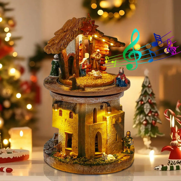 Animated nativity scene with rotating Holy Family and Christmas lights