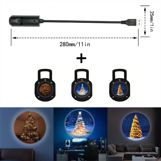 Light-up Christmas tree wall decors with USB cable and measurements on a white background.