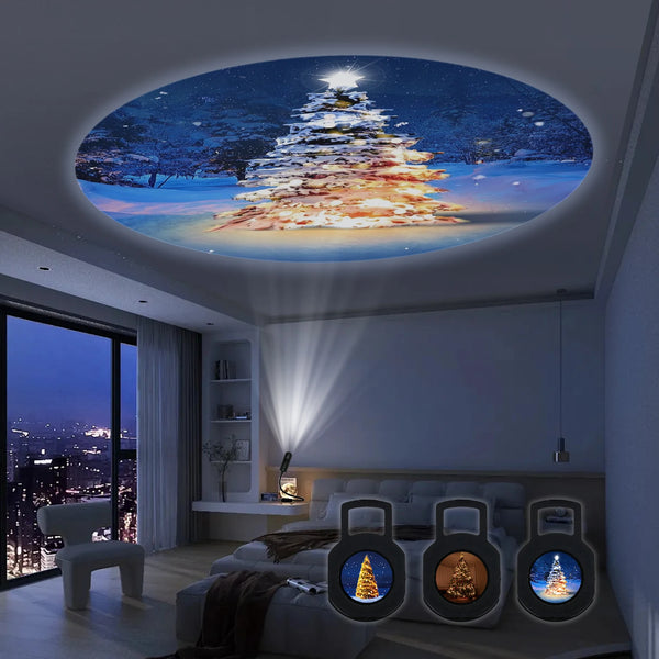 LED projection lamp displaying a glowing Christmas tree on the ceiling